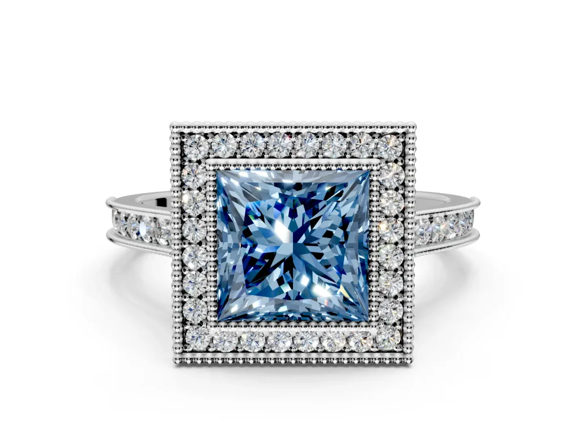 Halo Engagement Ring Setting for Fancy Blue Princess Cut Center with Milgrain Pave Band and Bezel Head in Platinum