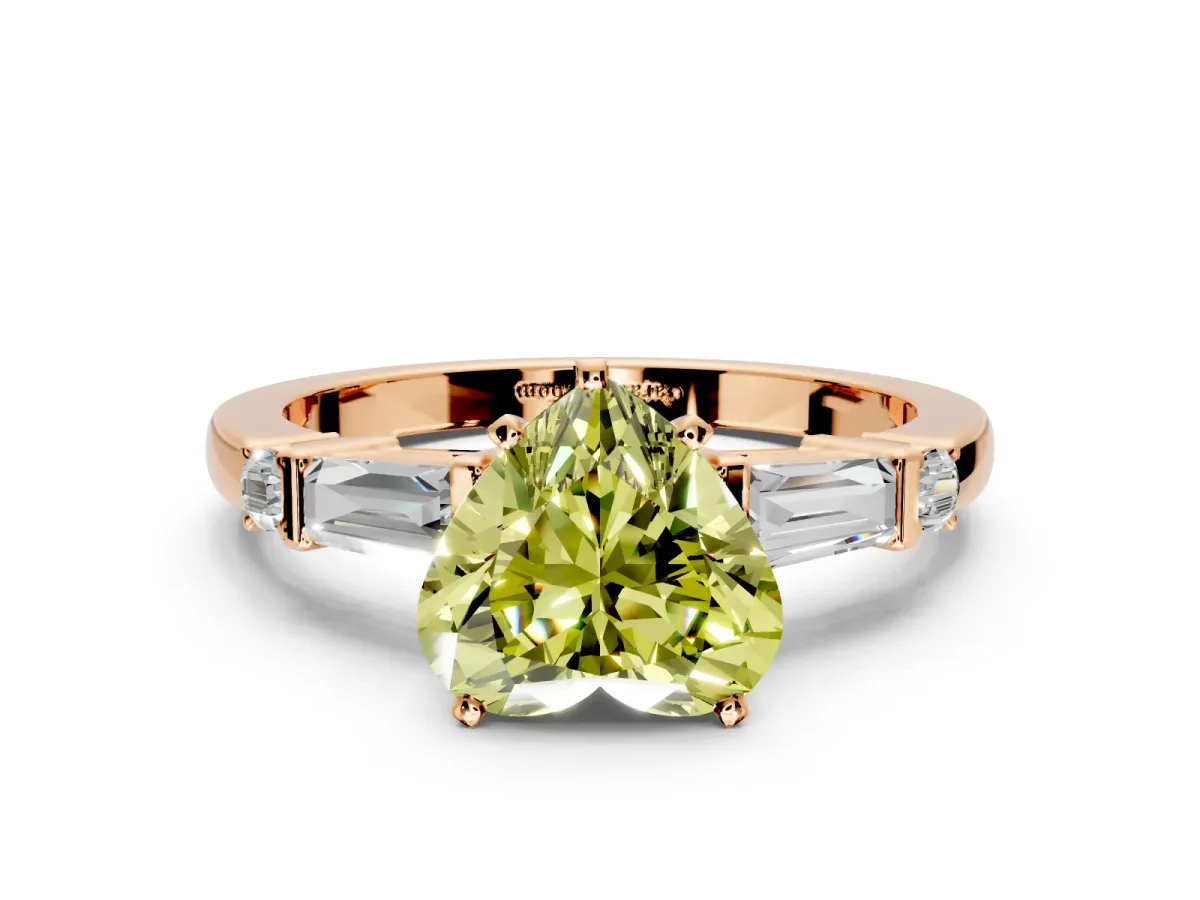Bar-Set Engagement Ring Setting for Fancy Yellow Heart-Shaped Center with Tapered Baguette Accents and Prong Head in Rose Gold