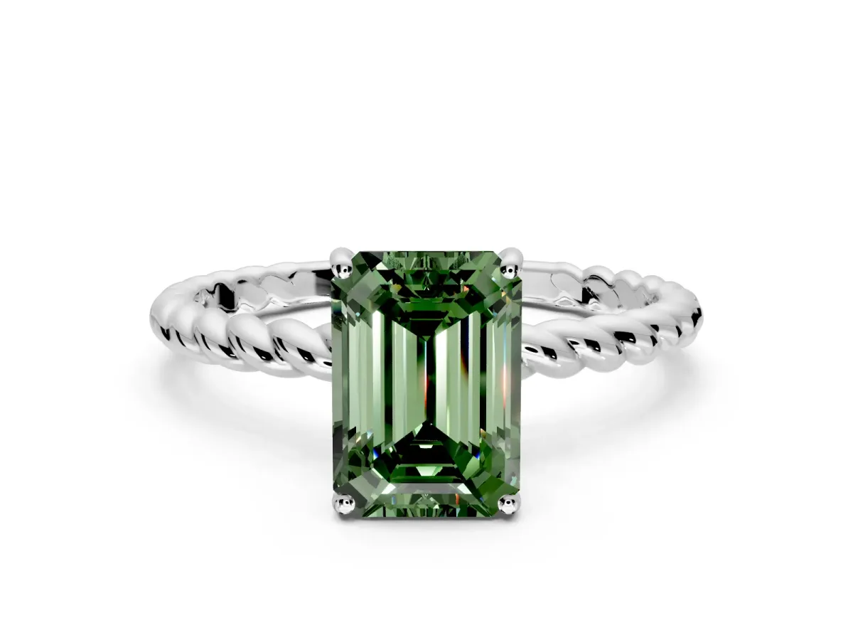 Solitaire Engagement Ring Setting for Fancy Green Emerald Cut Center with Plain Twisted Rope Band and Prong Head in Platinum