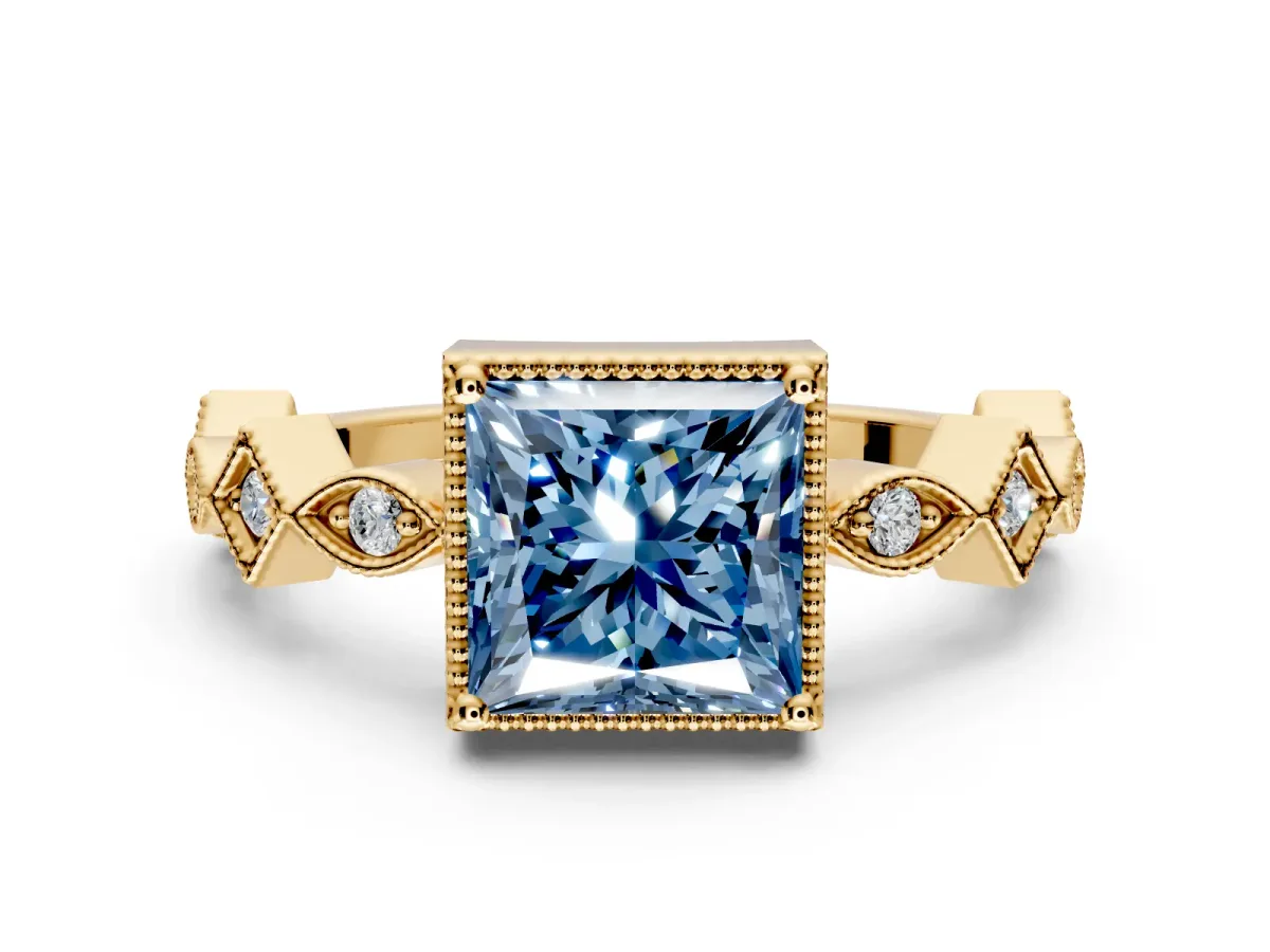 Milgrain Bezel Engagement Ring Setting for Fancy Blue Princess Cut Center with Marquise Stations and Bezel Head in Yellow Gold