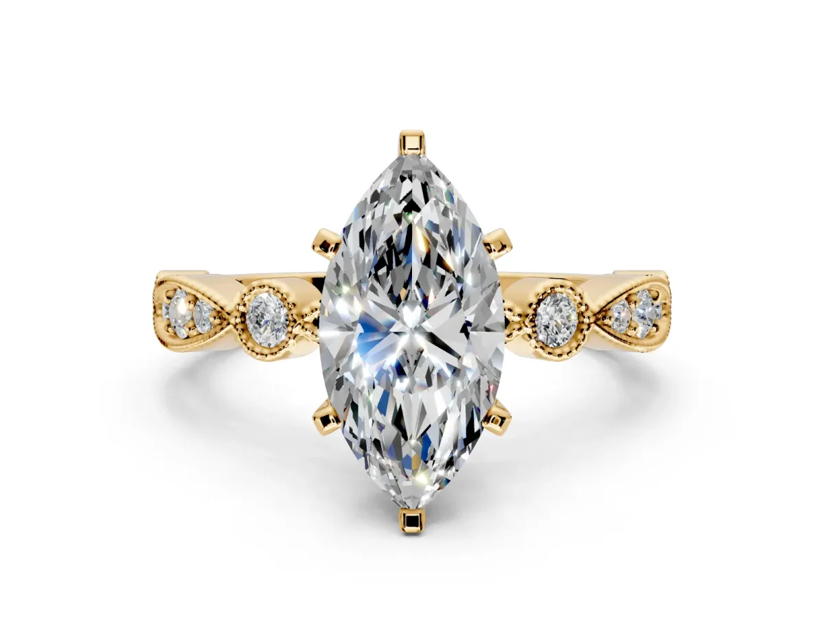 Solitaire Engagement Ring Setting for Marquise Center with Milgrain Bezel Accents and Prong Head in Yellow Gold