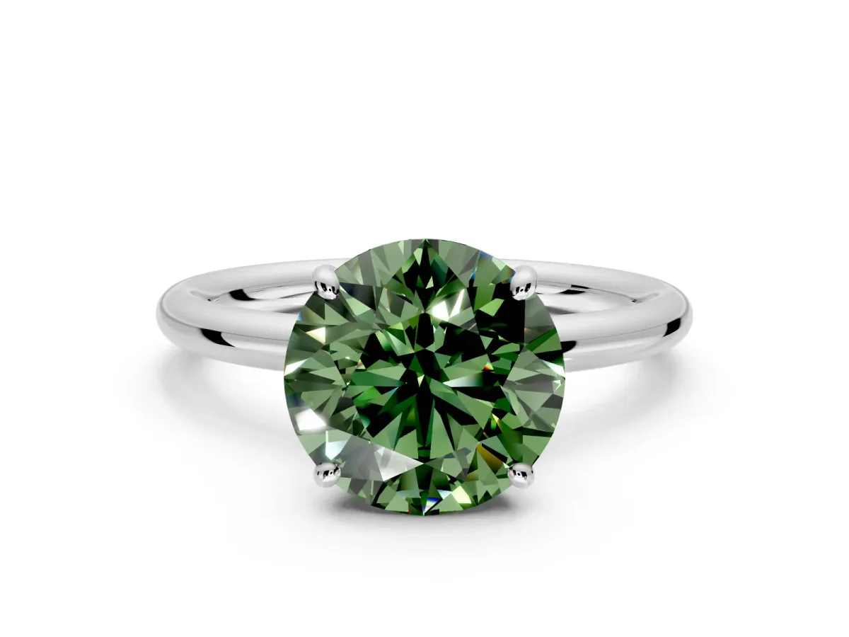 Low-Set Solitaire Engagement Ring Setting for Fancy Green Round Cut Center with Thin Plain Band and Prong Head in White Gold