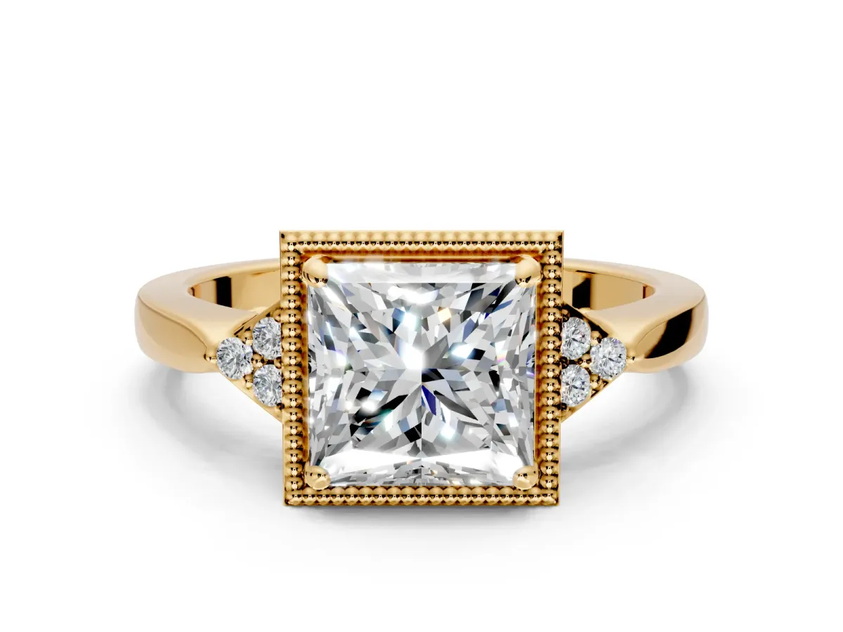 Cluster Engagement Ring Setting for Princess Cut Center with Milgrain Shoulder Clusters and Prong Head in Yellow Gold