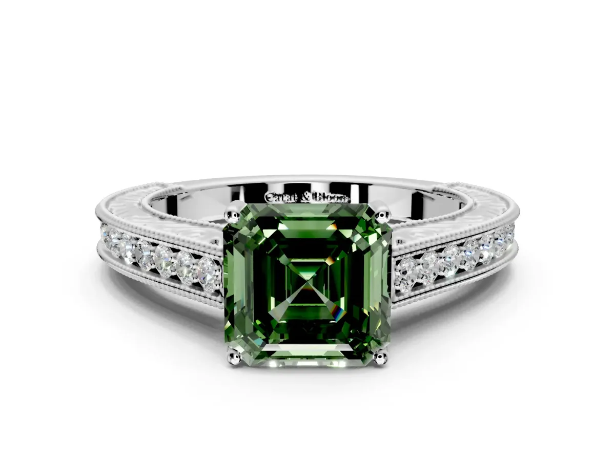 Solitaire Engagement Ring Setting for Fancy Green Asscher Cut Center with Engraved Pave Band and Prong Head in Platinum