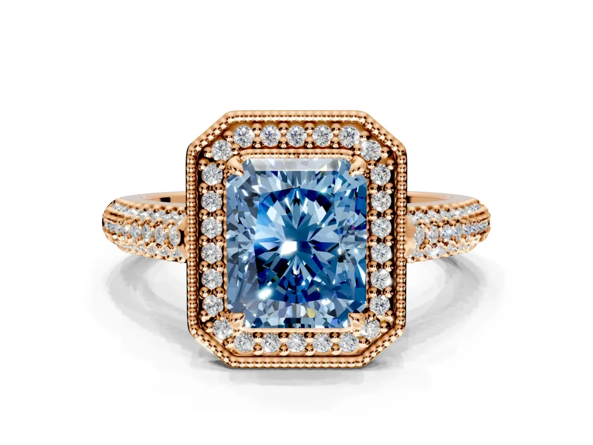 Milgrain Halo Engagement Ring Setting for Fancy Blue Radiant Cut Center with Three-Sided Pave Band and Prong Head in Rose Gold