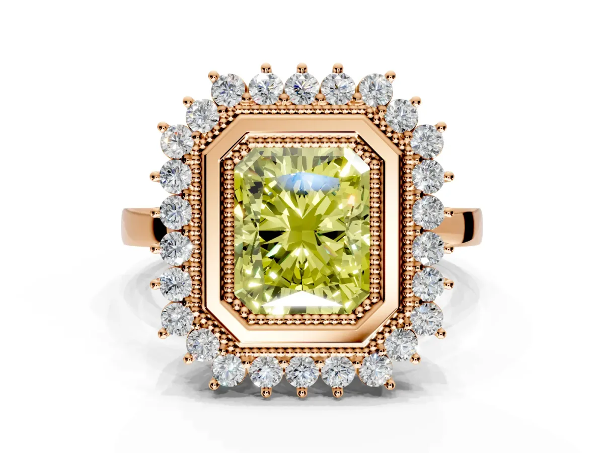 Halo Engagement Ring Setting for Fancy Yellow Radiant Cut Center with Milgrain Bezel Rim, Plain Band and Prong Head in Rose Gold