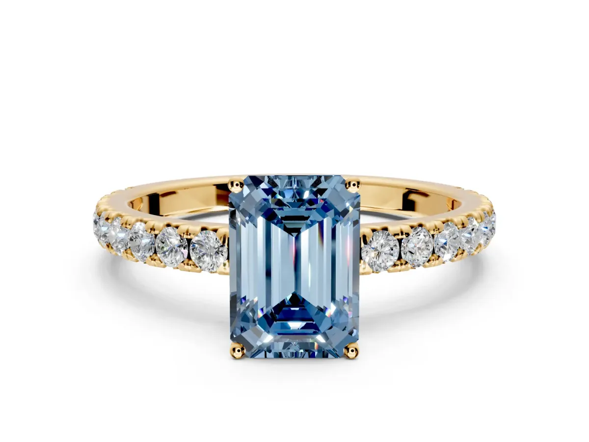 Solitaire Engagement Ring Setting for Fancy Blue Emerald Cut Center with Large Accent Band and Prong Head in Yellow Gold