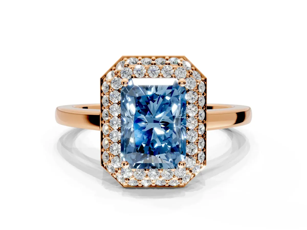 Halo Engagement Ring Setting for Fancy Blue Radiant Cut Center with Plain Tapered Band and Prong Head in Rose Gold