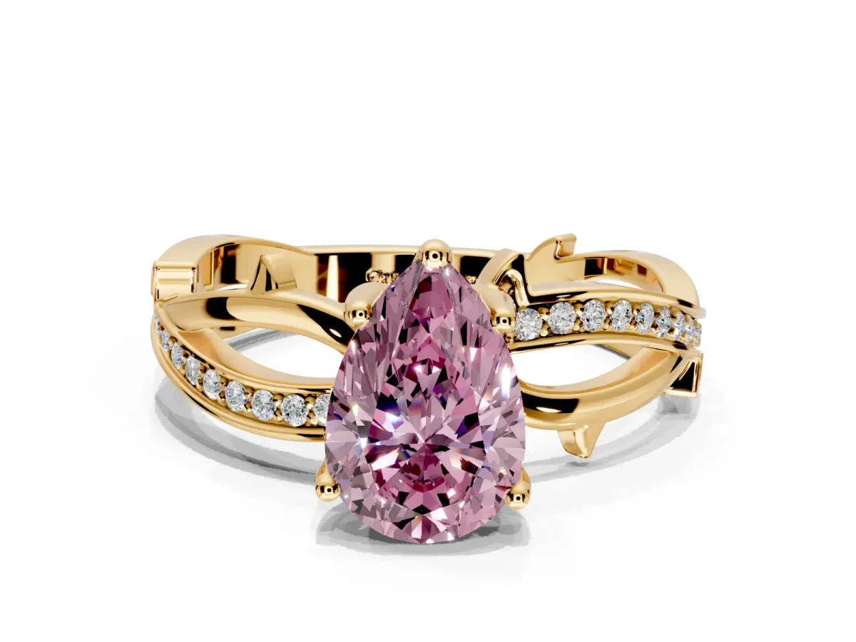 Solitaire Engagement Ring Setting for Fancy Pink Pear-Shaped Center with Pave and Plain Crossover Band and Prong Head in Yellow Gold