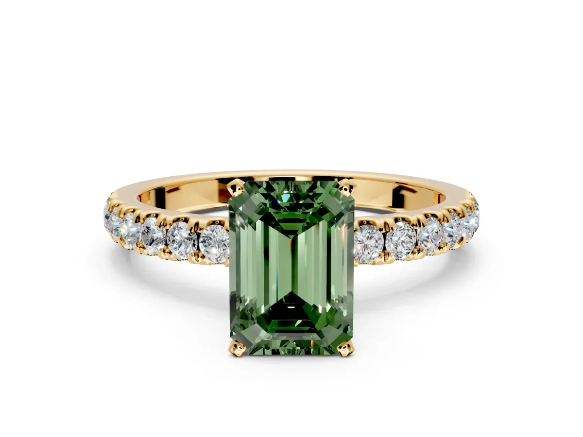Open Basket Engagement Ring Setting for Fancy Green Emerald Cut Center with Pave Band and Prong Head in Yellow Gold