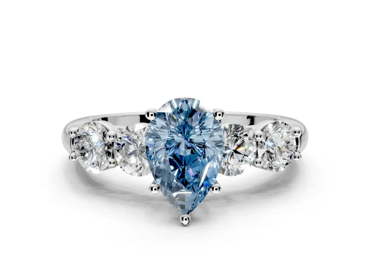 5 Stone Engagement Ring Setting for Fancy Blue Pear-Shaped Center with Graduated Accents and Prong Head in White Gold