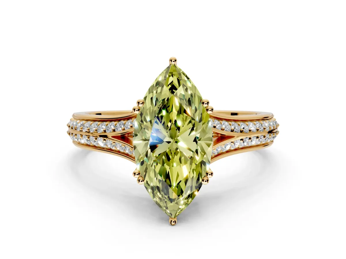 Solitaire Engagement Ring Setting for Fancy Yellow Marquise Center with Pave Rail Split Shank and Prong Head in Yellow Gold