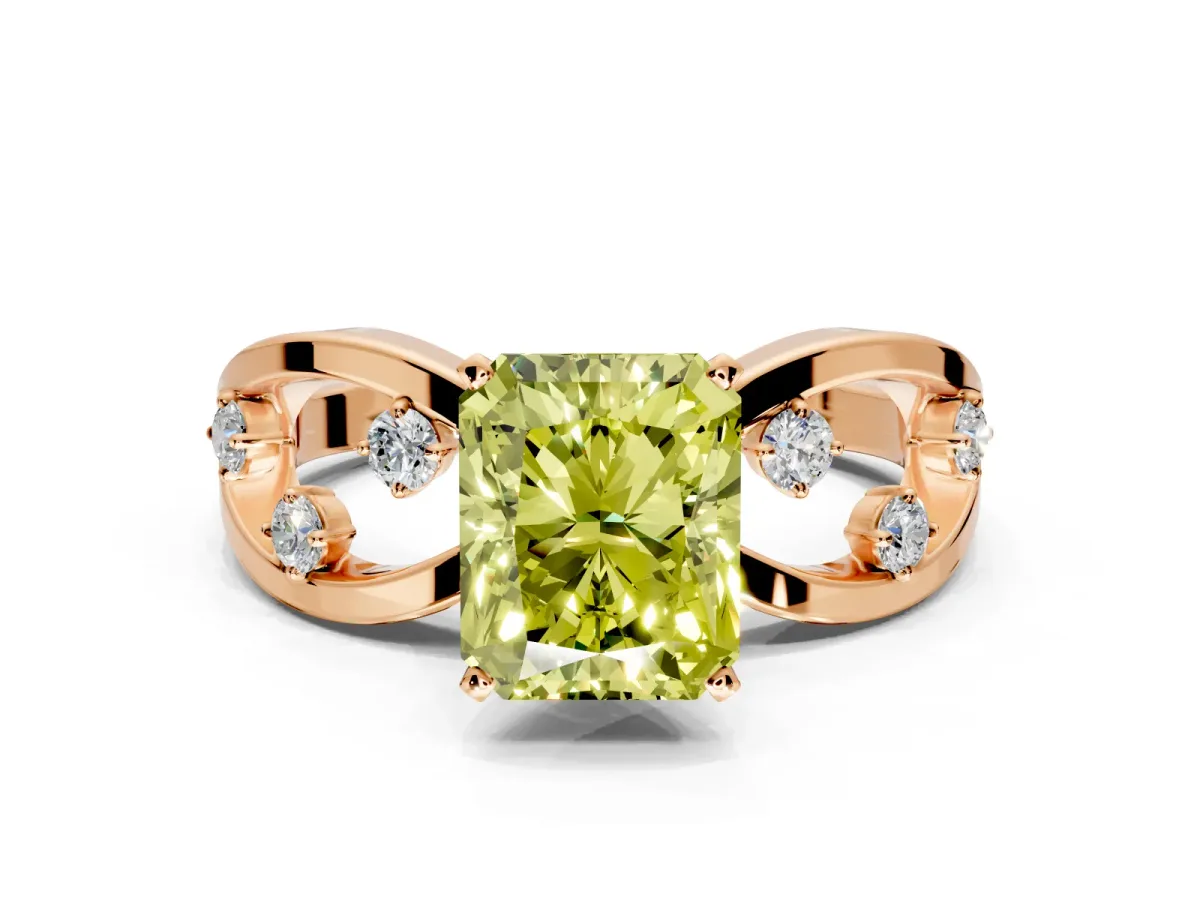 Solitaire Engagement Ring Setting for Fancy Yellow Radiant Cut Center with Criss-Cross Accent Band and Prong Head in Rose Gold