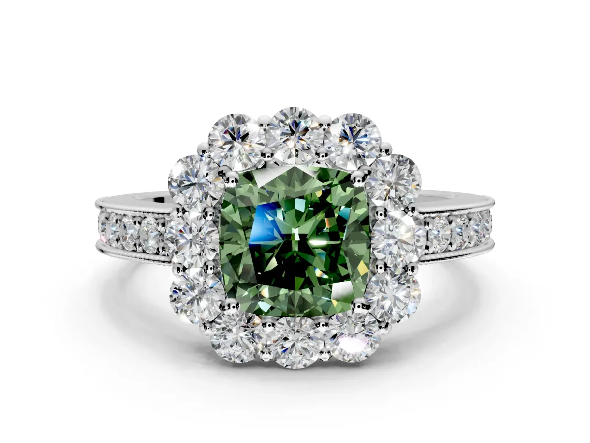Halo Engagement Ring Setting for Fancy Green Cushion Cut Center with Milgrain Channel Band and Prong Head in Platinum