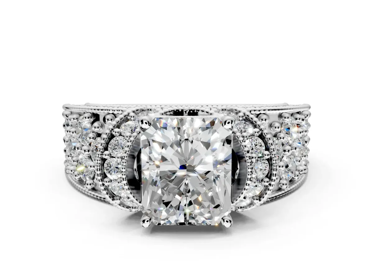 Pave Engagement Ring Setting for Radiant Cut Center with Curved Accent Rows, Openwork and Prong Head in White Gold