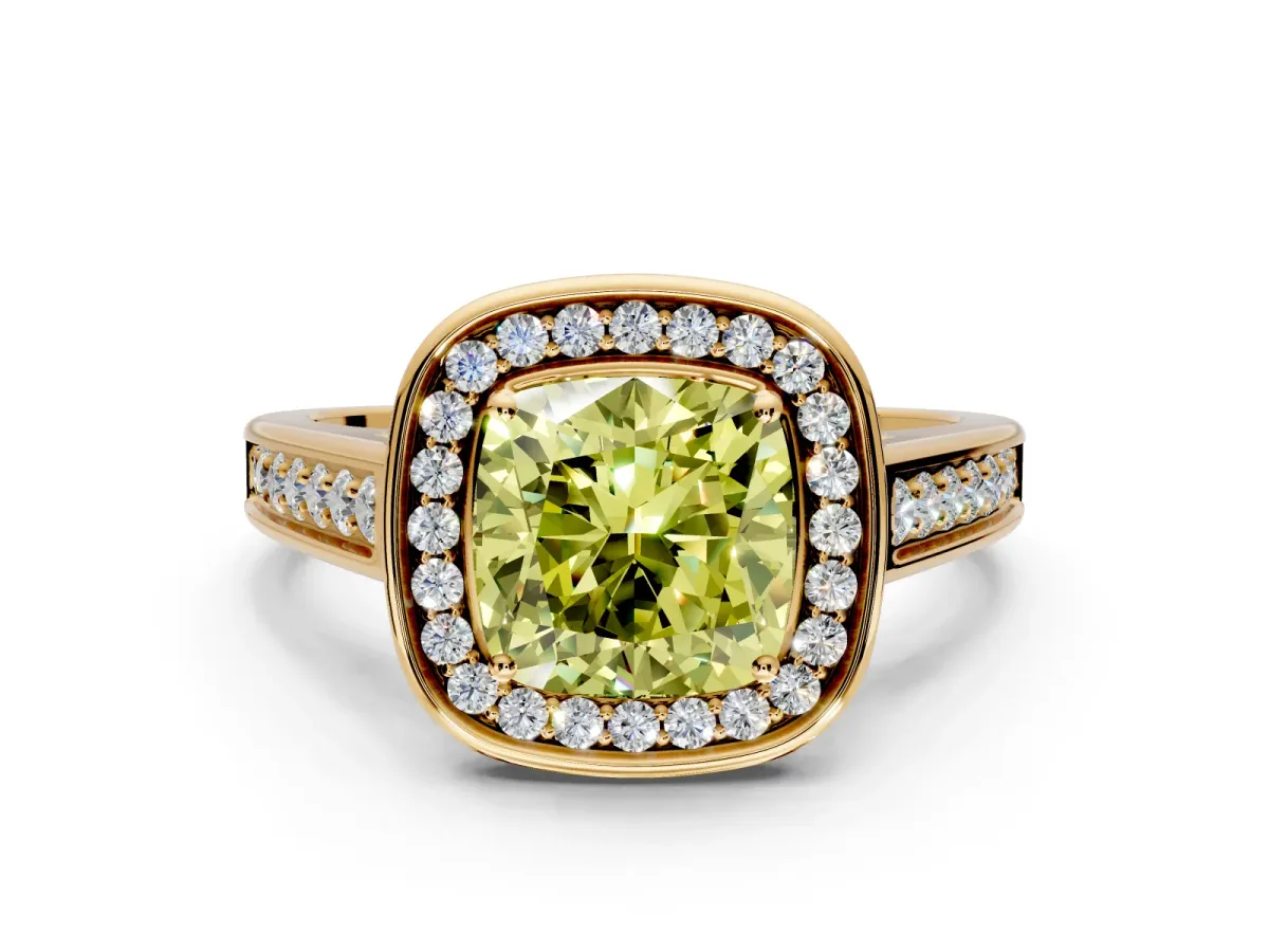 Halo Engagement Ring Setting for Fancy Yellow Cushion Cut Center with Outer Bezel Rim, Pave Band and Prong Head in Yellow Gold