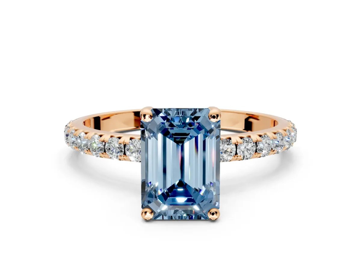 Solitaire Engagement Ring Setting for Fancy Blue Emerald Cut Center with Micro Pave Band and Prong Head in Rose Gold