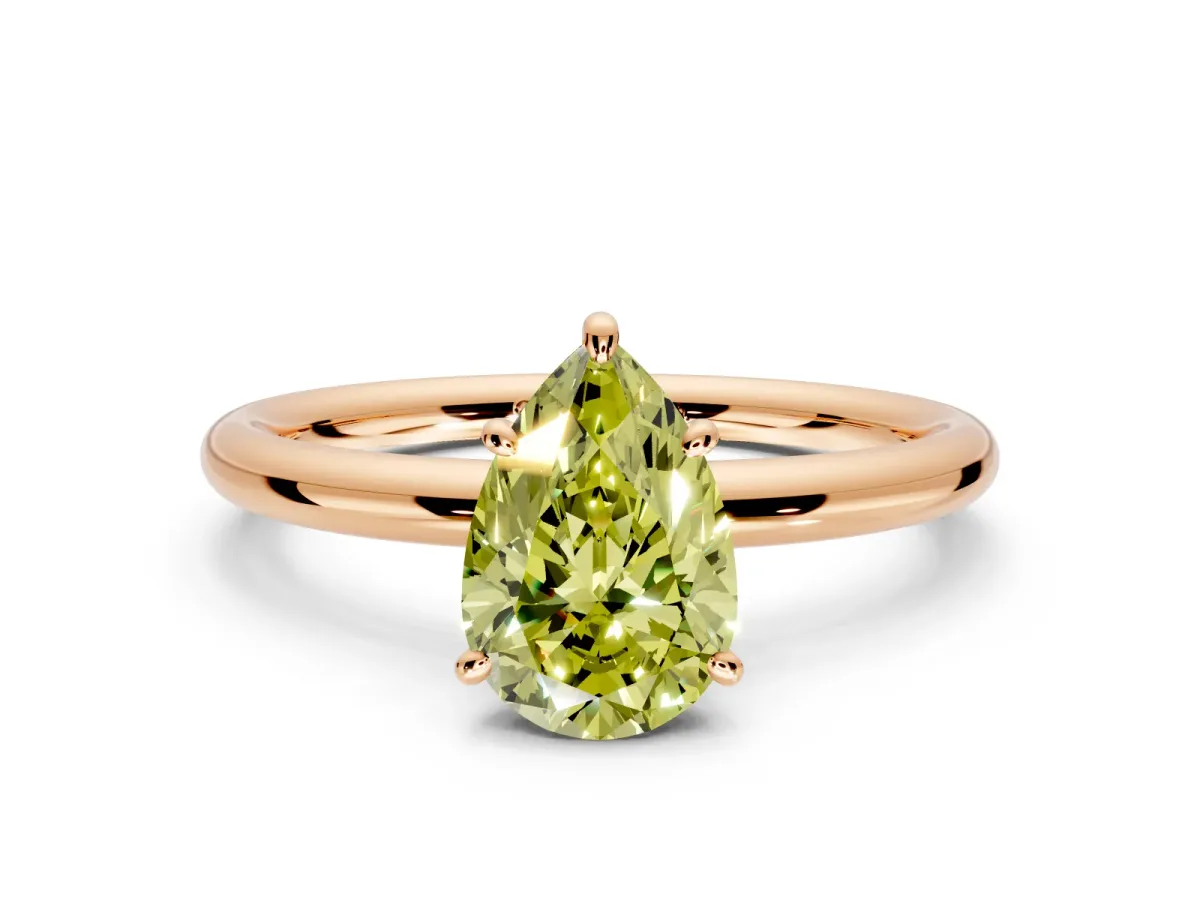 Low-Set Solitaire Engagement Ring Setting for Fancy Yellow Pear-Shaped Center with Thin Plain Band and Prong Head in Rose Gold