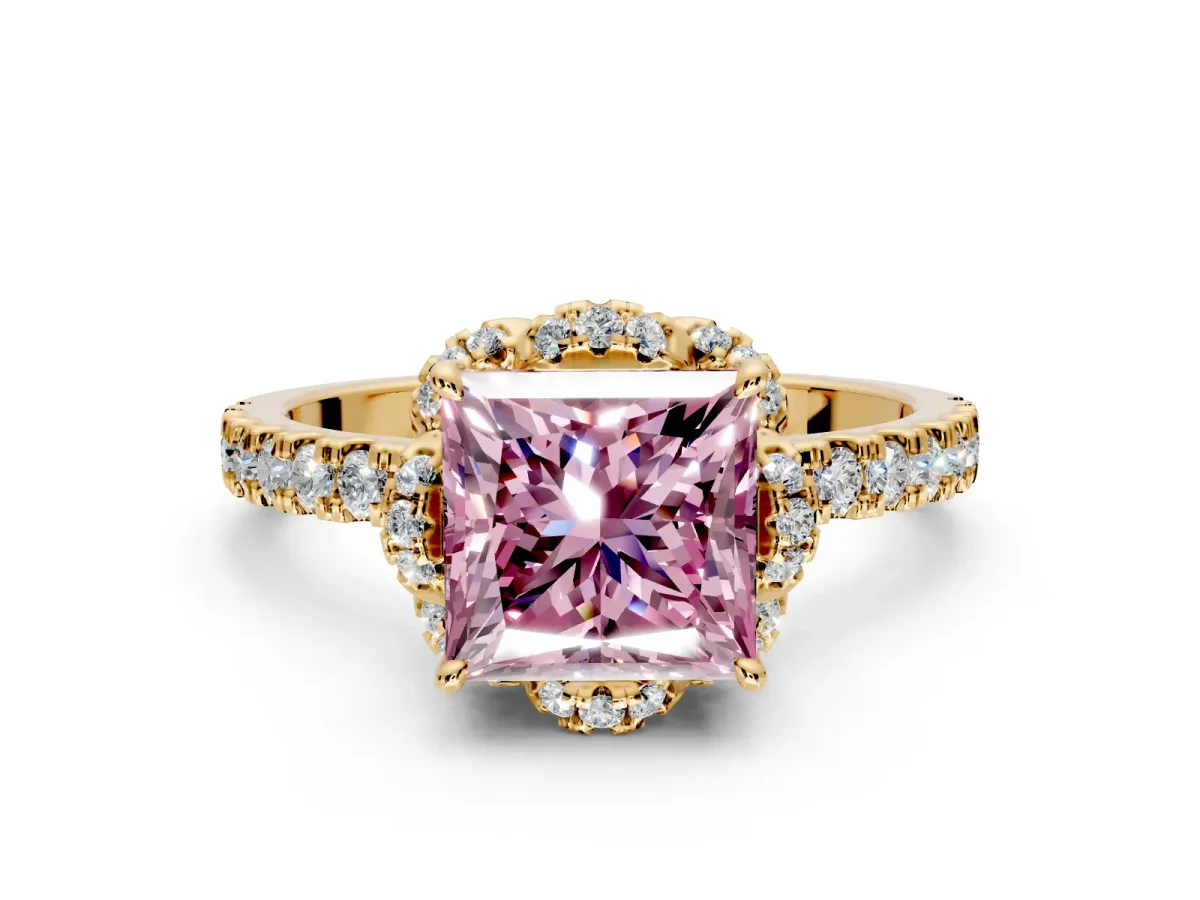 Halo Engagement Ring Setting for Fancy Pink Princess Cut Center with Openwork Halo, Pave Band and Prong Head in Yellow Gold