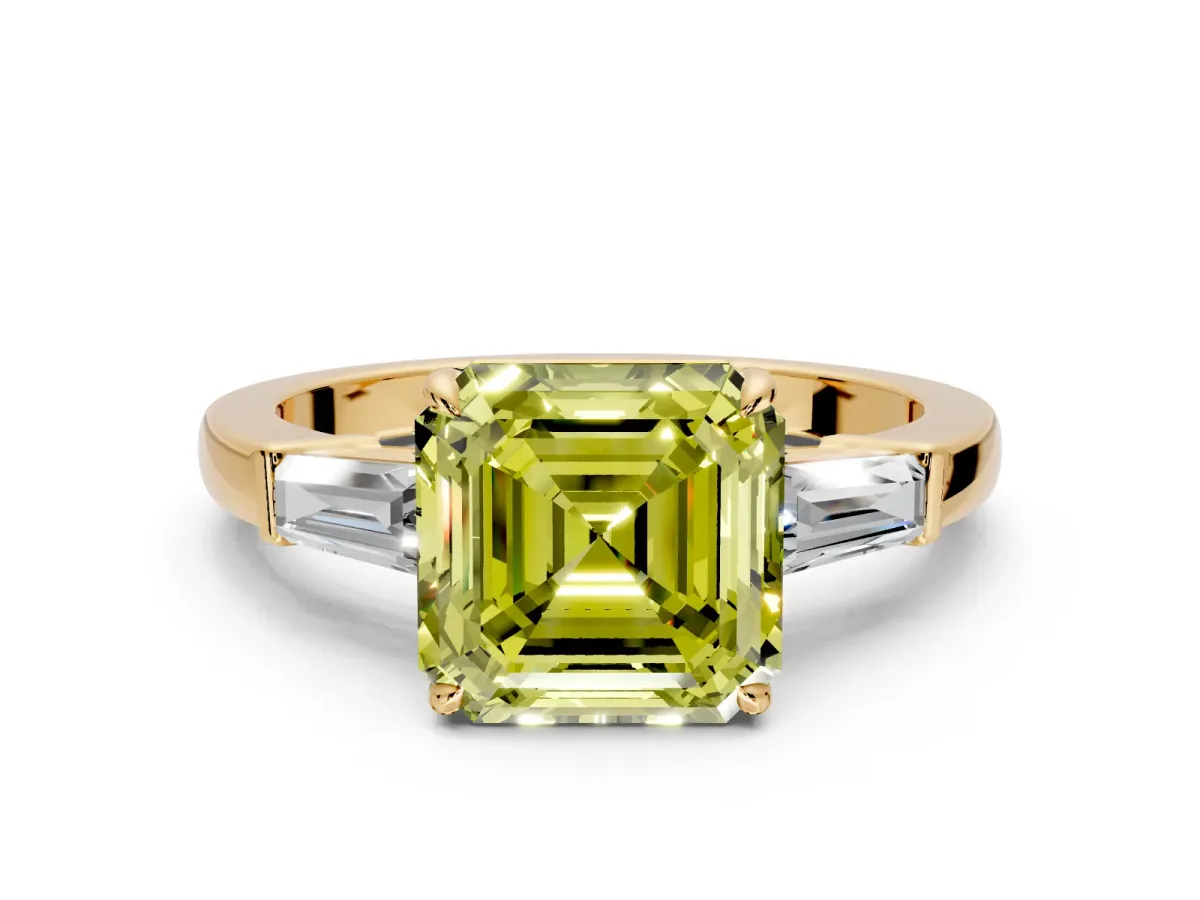 3 Stone Engagement Ring Setting for Fancy Yellow Asscher Cut Center with Baguette Accents and Prong Head in Yellow Gold