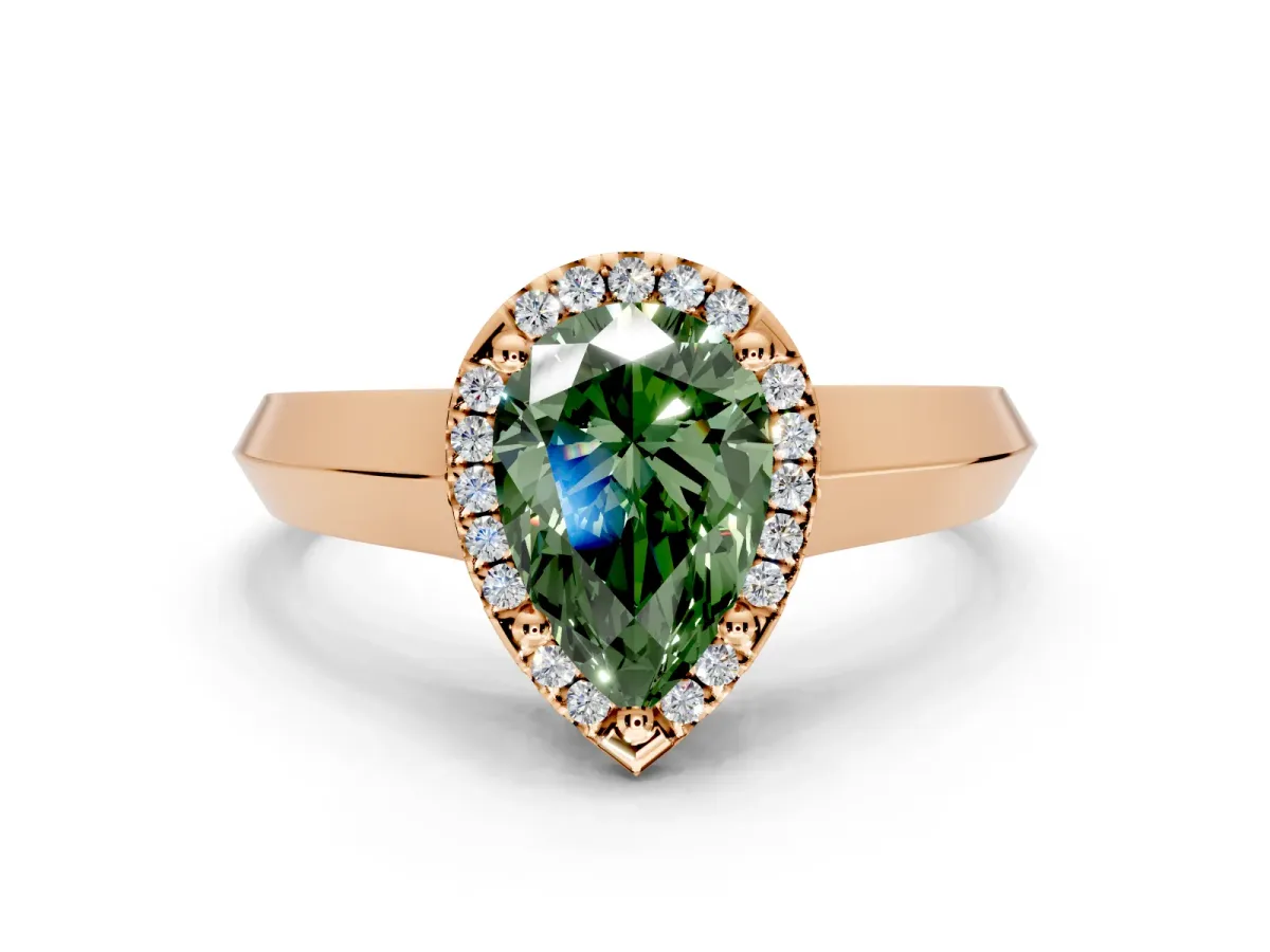 Halo Engagement Ring Setting for Fancy Green Pear-Shaped Center with Knife Ridge Cathedral Band and Prong Head in Rose Gold