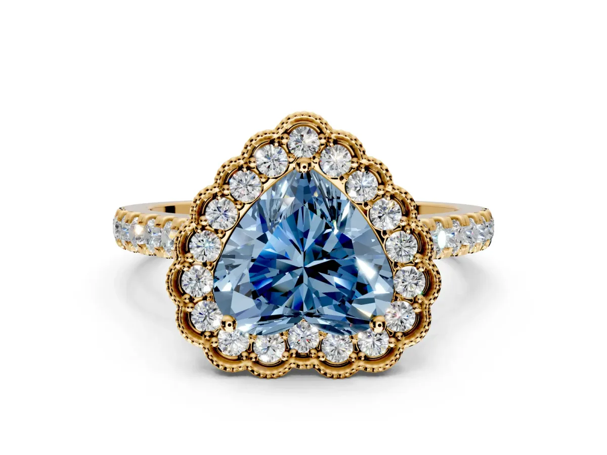 Milgrain Floral Halo Engagement Ring Setting for Fancy Blue Heart-Shaped Center with Pave Band and Prong Head in Yellow Gold
