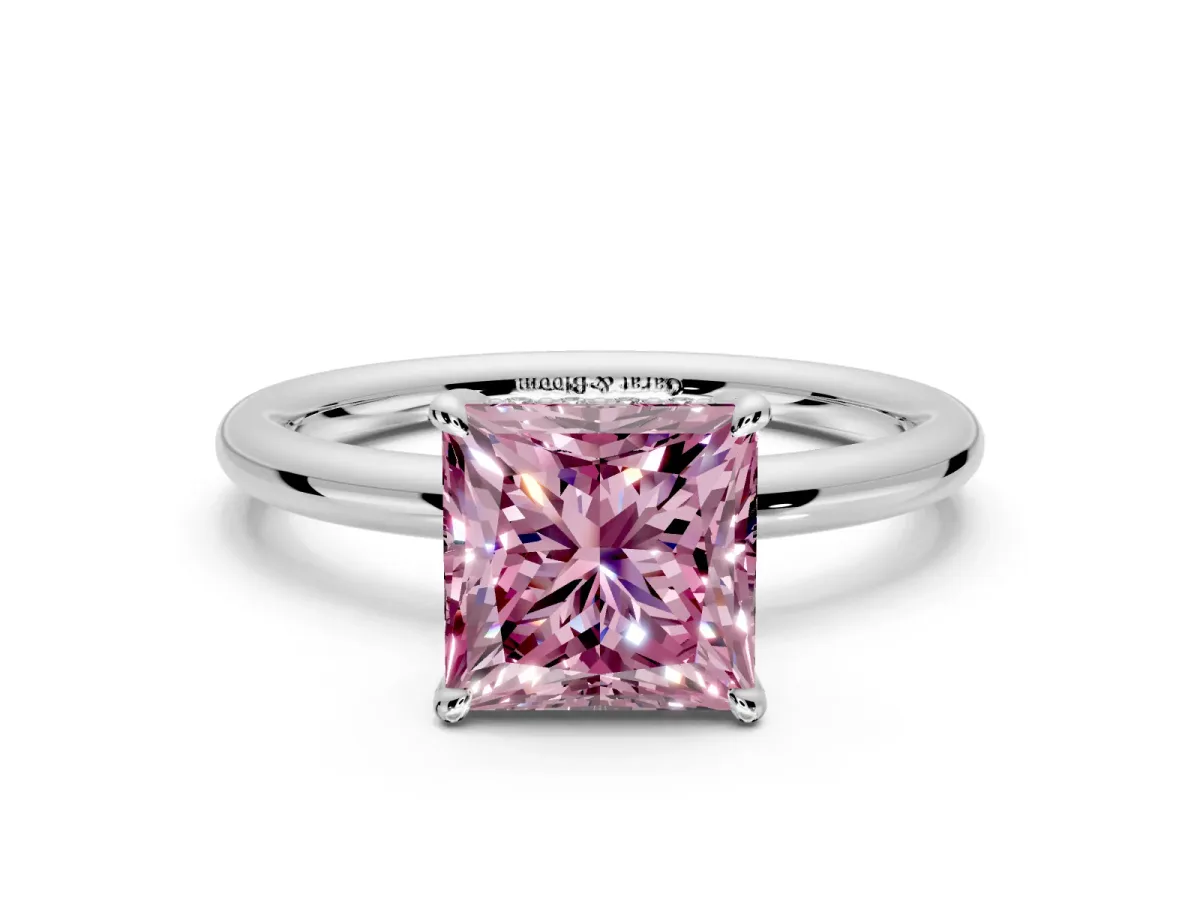 Hidden Halo Engagement Ring Setting for Fancy Pink Princess Cut Center with Thin Rounded Band and Prong Head in Platinum