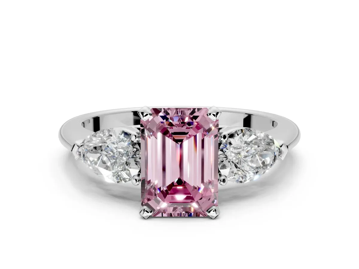 3 Stone Engagement Ring Setting for Fancy Pink Emerald Cut Center with Large Pear-Shaped Accents and Prong Head in Platinum