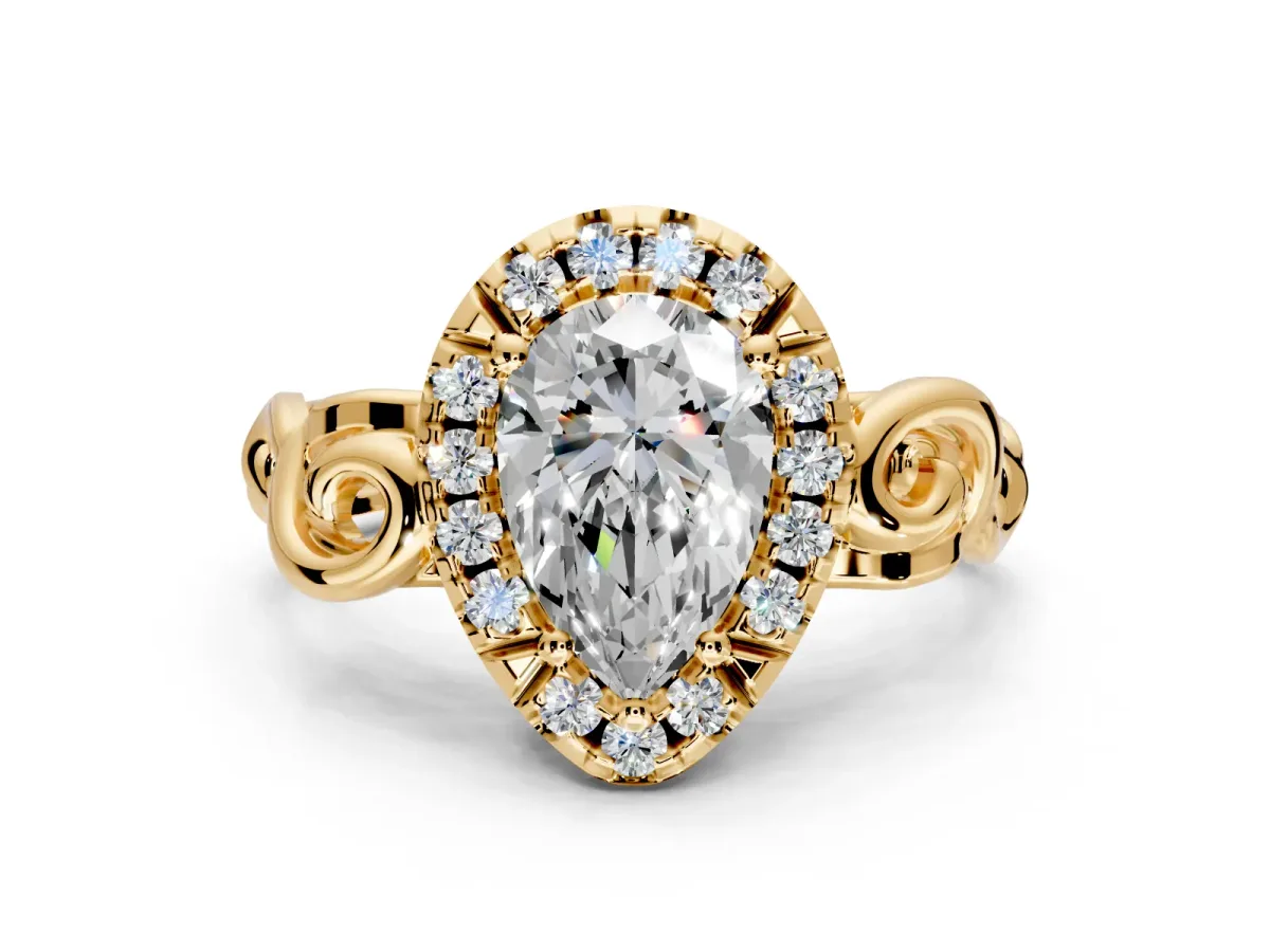 Halo Engagement Ring Setting for Pear-Shaped Center with Open Scroll Shoulders and Prong Head in Yellow Gold