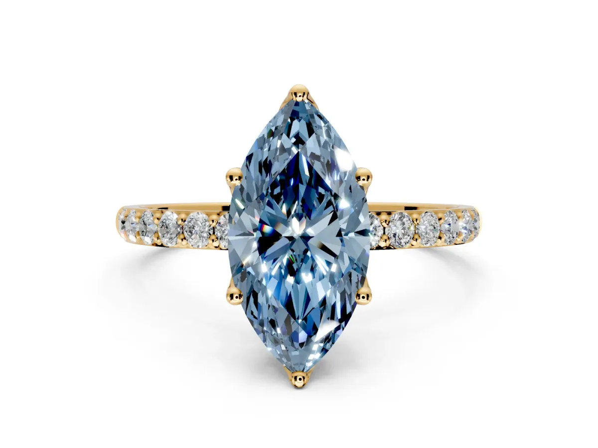 Solitaire Engagement Ring Setting for Fancy Blue Marquise Center with Fine Pave Accents and Prong Head in Yellow Gold