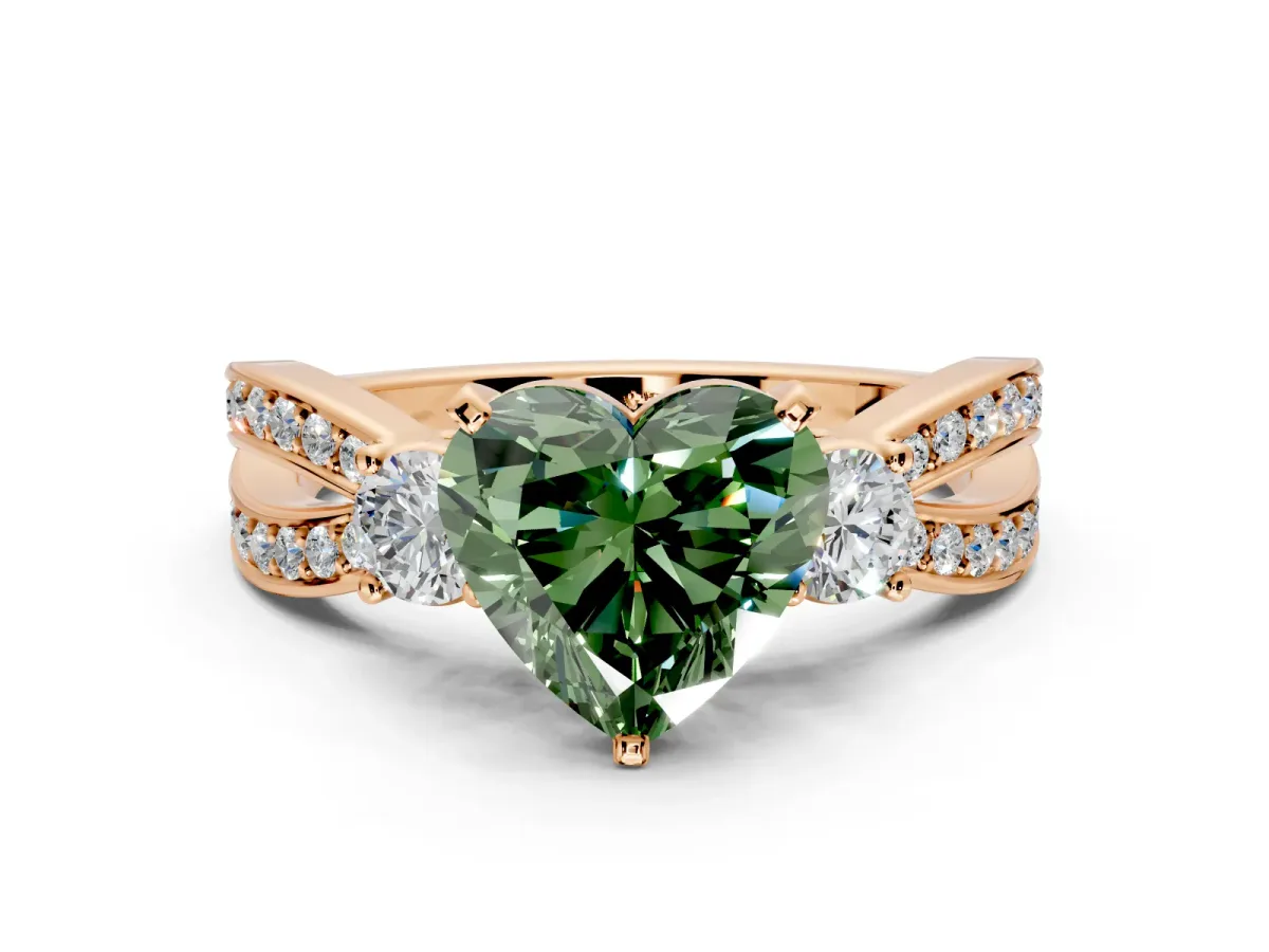 3 Stone Engagement Ring Setting for Fancy Green Heart-Shaped Center with Pave Twist Band and Prong Head in Rose Gold