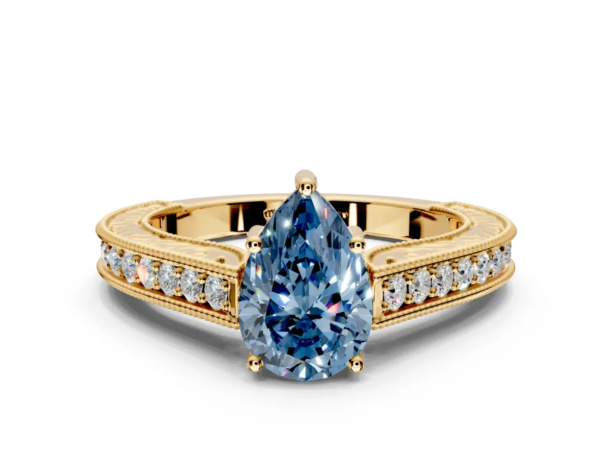 Solitaire Engagement Ring Setting for Fancy Blue Pear-Shaped Center with Engraved Pave Band and Prong Head in Yellow Gold