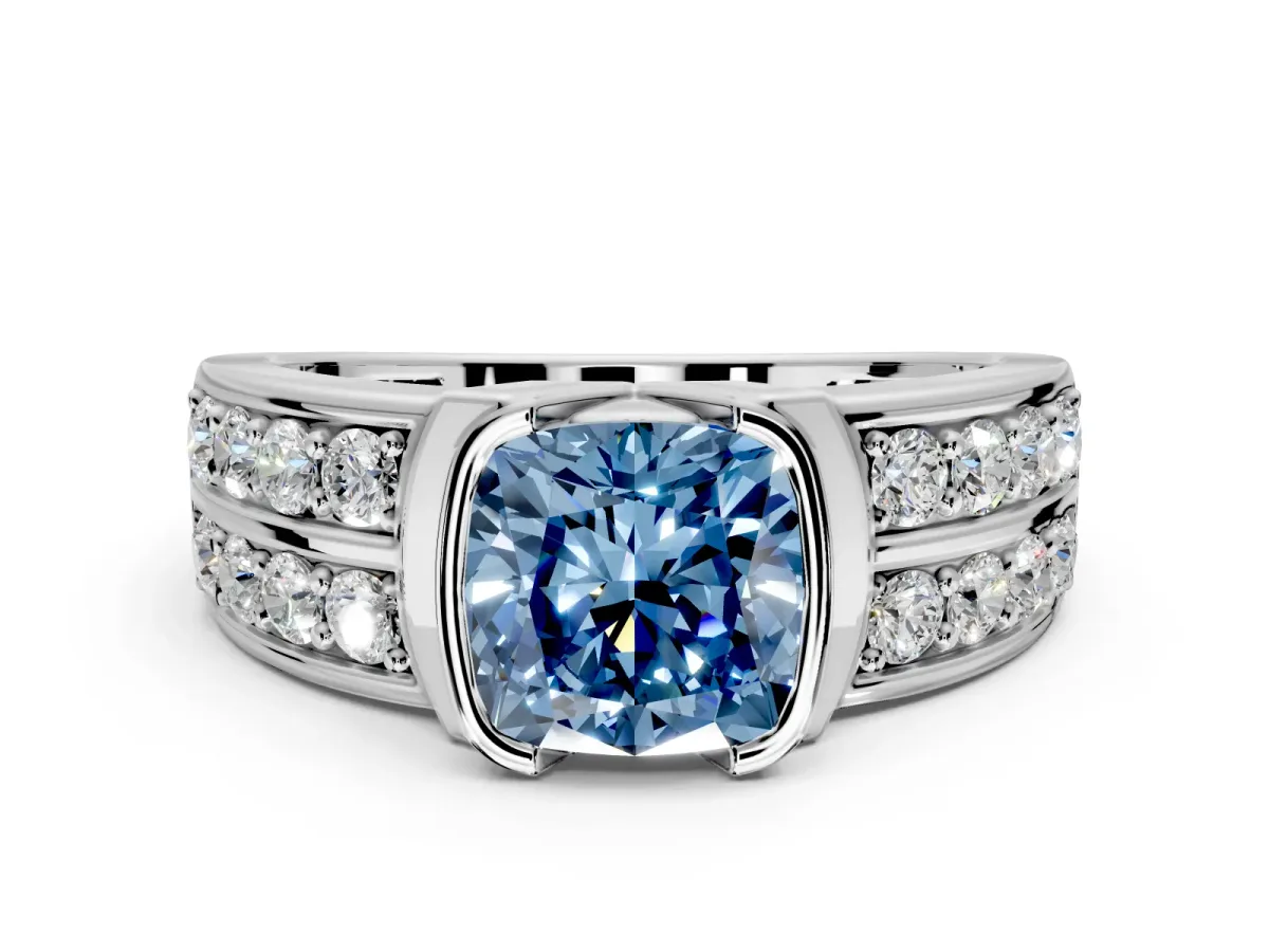 Bezel Engagement Ring Setting for Fancy Blue Cushion Cut Center with Wide Channel-Set Band and Bezel Head in Sterling Silver