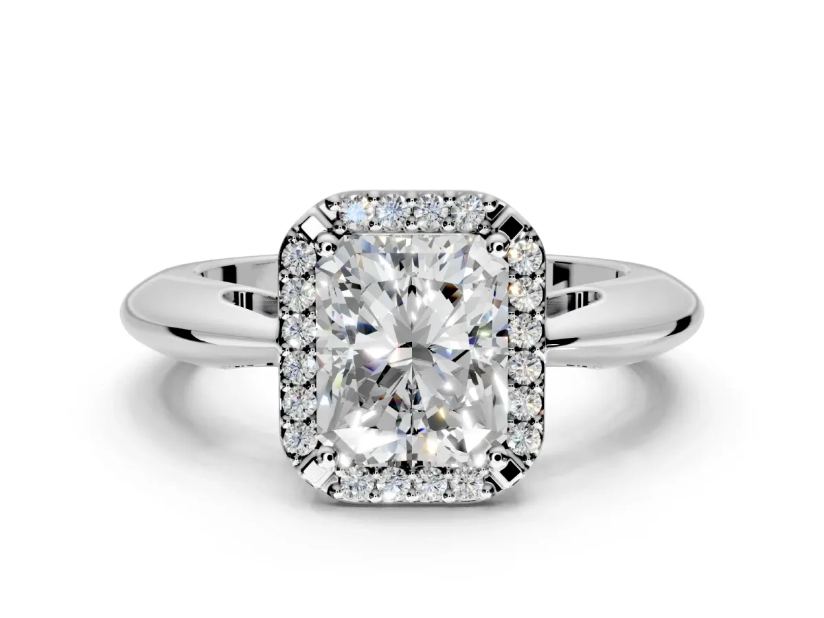Halo Engagement Ring Setting for Radiant Cut Center with Tapered Plain Band and Prong Head in Platinum