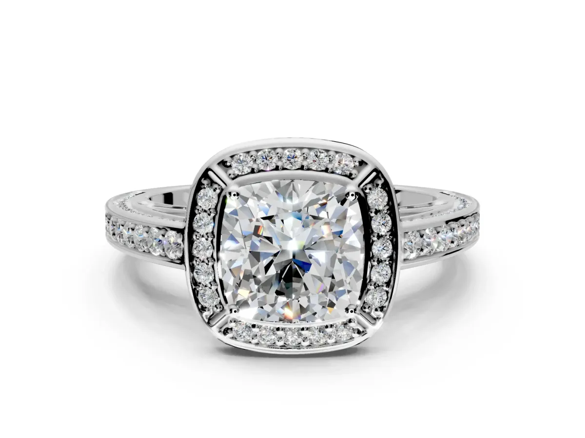 Halo Engagement Ring Setting for Cushion Cut Center with Framed Halo, Pave Band and Prong Head in Sterling Silver