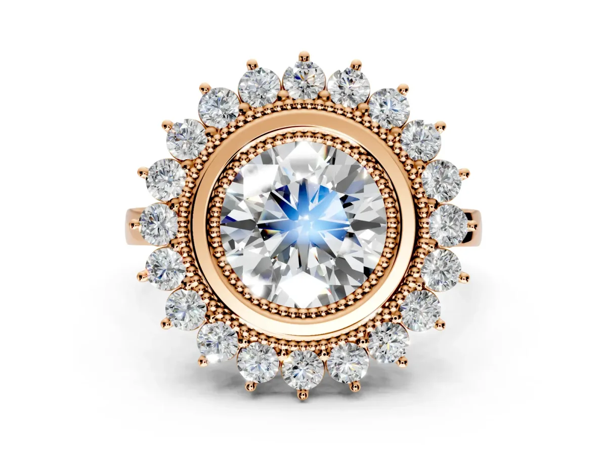 Halo Engagement Ring Setting for Round Cut Center with Milgrain Bezel Rim, Plain Band and Prong Head in Rose Gold