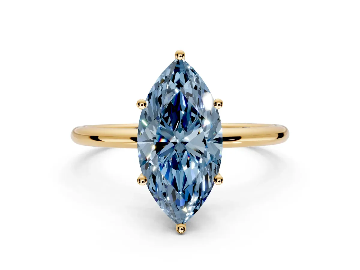 Solitaire Engagement Ring Setting for Fancy Blue Marquise Center with Straight Thin Band and Prong Head in Yellow Gold