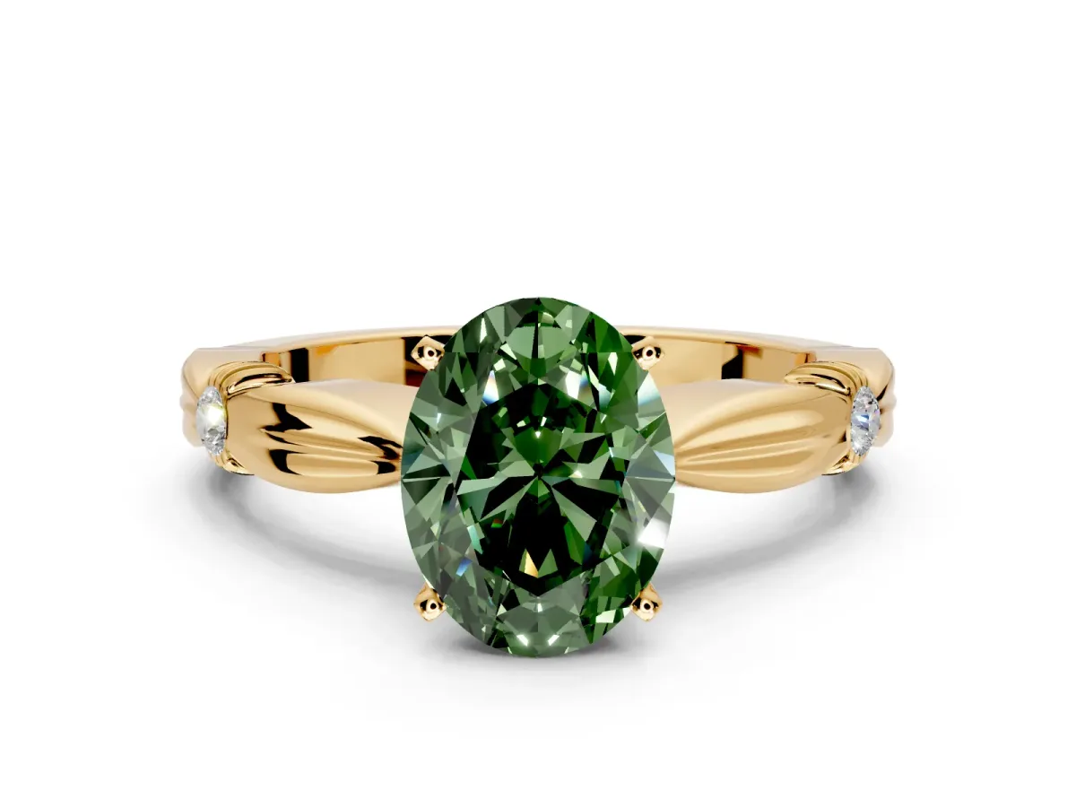 Solitaire Engagement Ring Setting for Fancy Green Oval Center with Carved Leaf Shoulders and Prong Head in Yellow Gold