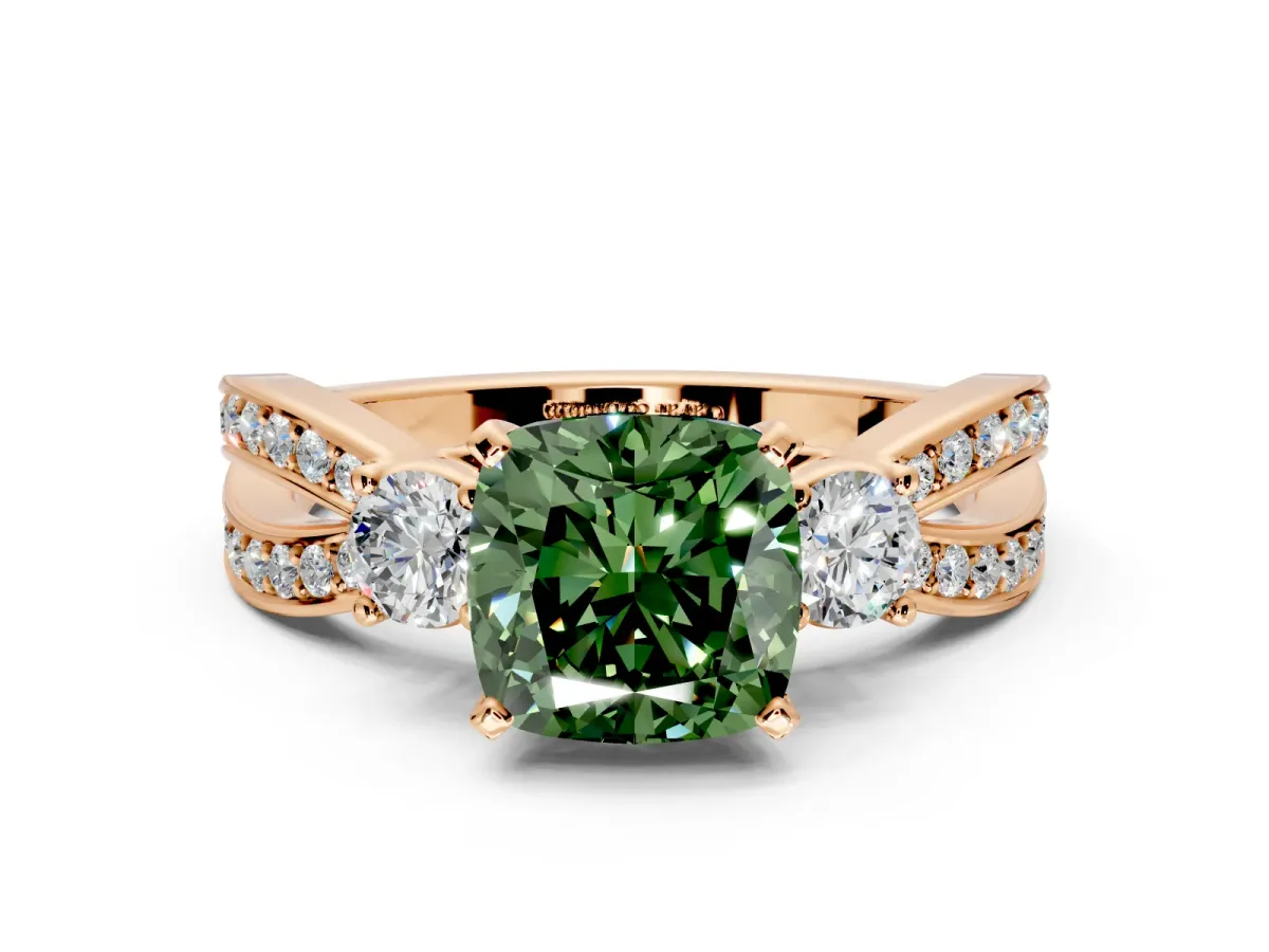 3 Stone Engagement Ring Setting for Fancy Green Cushion Cut Center with Pave Twist Band and Prong Head in Rose Gold