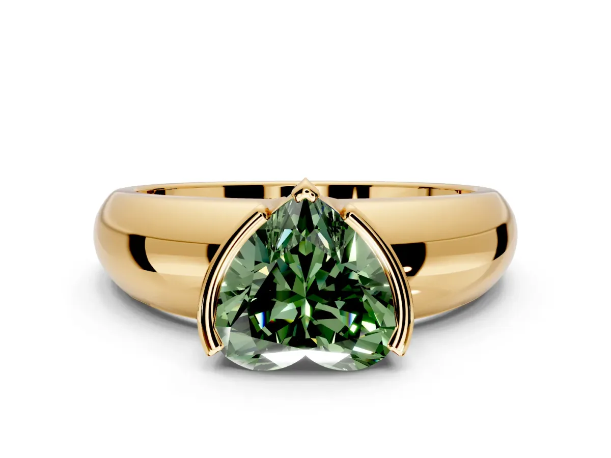 Tension Engagement Ring Setting for Fancy Green Heart-Shaped Center with Wide Flat Band and Tension Head in Yellow Gold