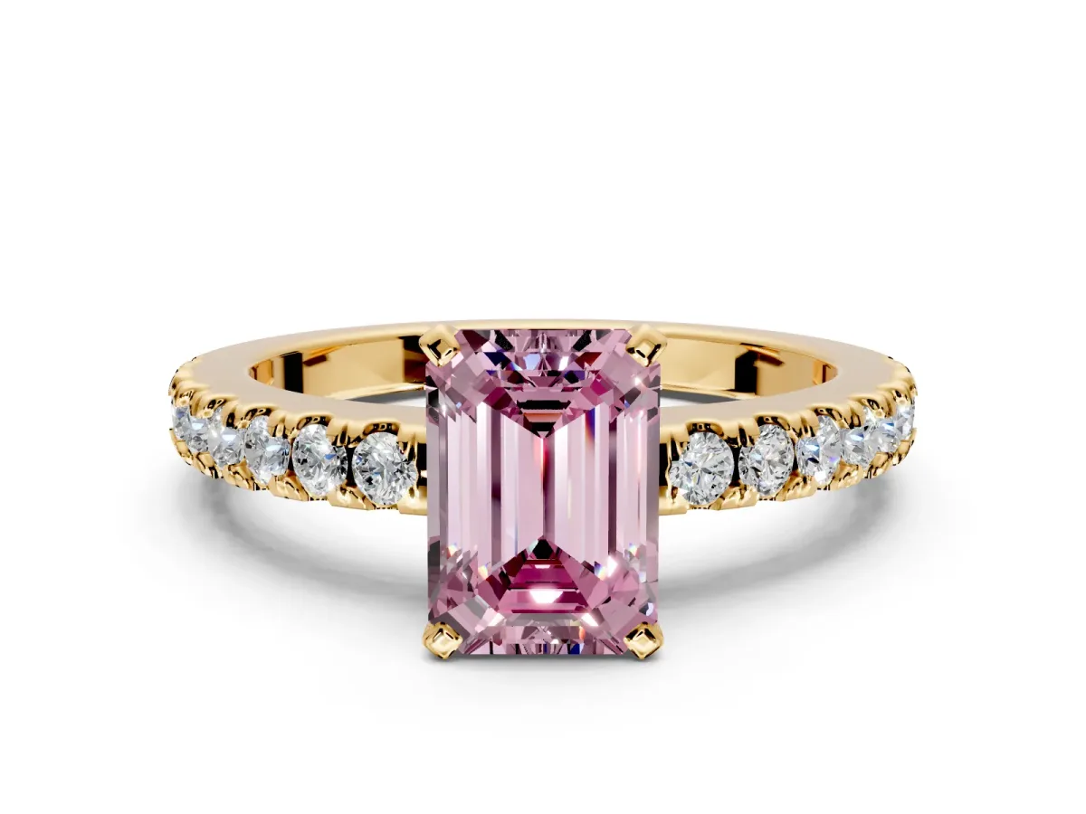 Solitaire Engagement Ring Setting for Fancy Pink Emerald Cut Center with Single Row Accent Band and Prong Head in Yellow Gold