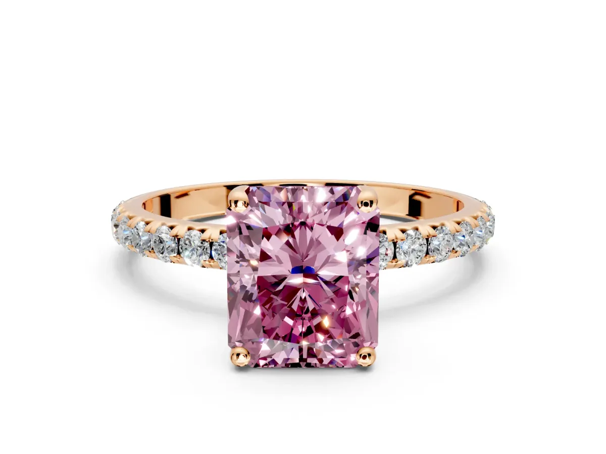 Solitaire Engagement Ring Setting for Fancy Pink Radiant Cut Center with Micro Pave Band and Prong Head in Rose Gold