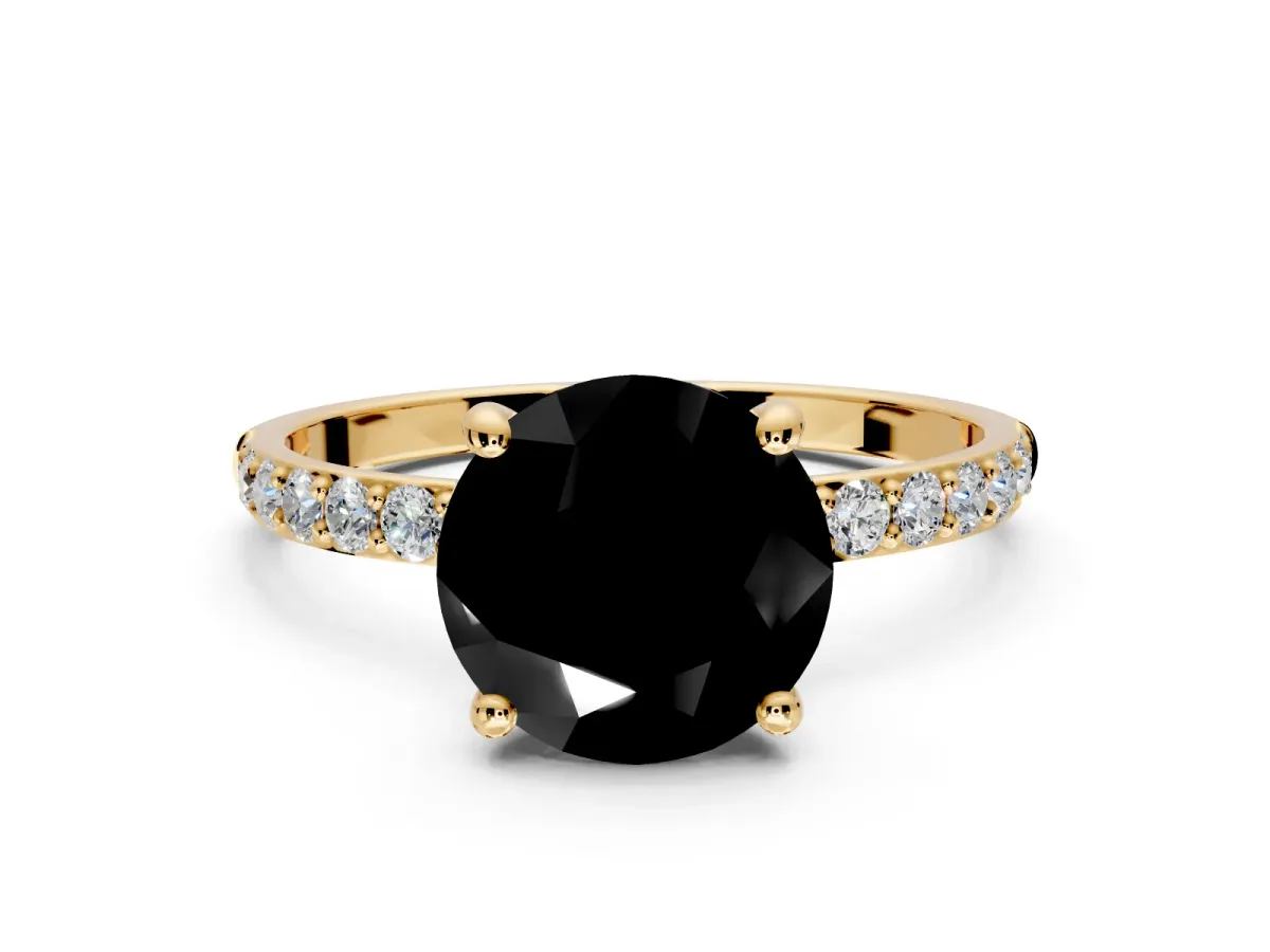 Solitaire Engagement Ring Setting for Fancy Black Round Cut Center with Pave Accents and Prong Head in Yellow Gold
