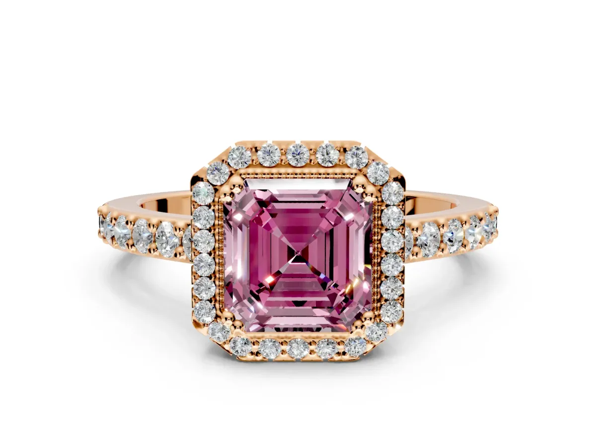 Halo Engagement Ring Setting for Fancy Pink Asscher Cut Center with Inner Milgrain Border and Prong Head in Rose Gold