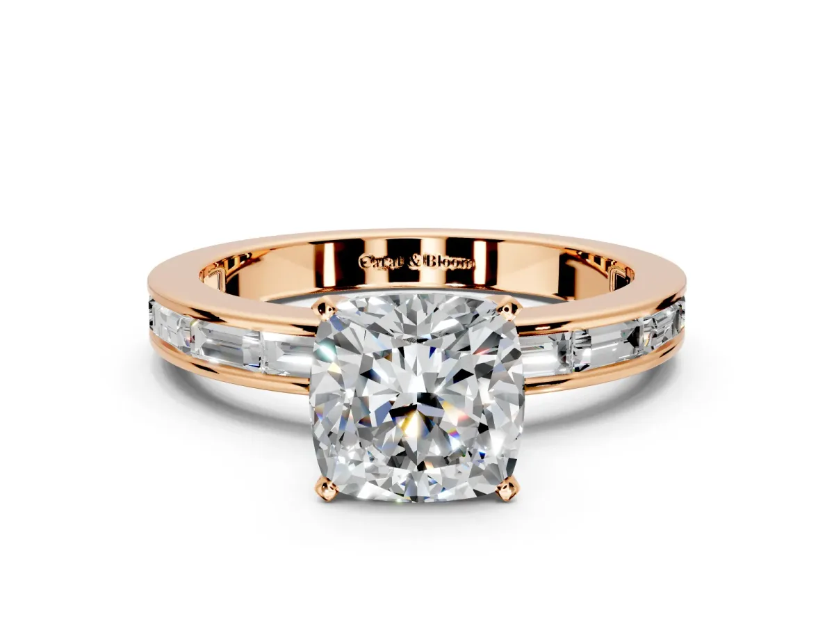 Solitaire Engagement Ring Setting for Cushion Cut Center with Channel Baguette Band and Prong Head in Rose Gold