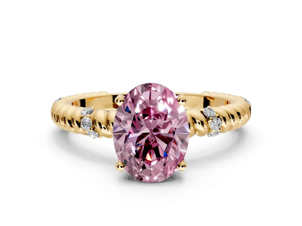 Rope Engagement Ring Setting for Fancy Pink Oval Center with Accent Shoulders and Prong Head in Yellow Gold