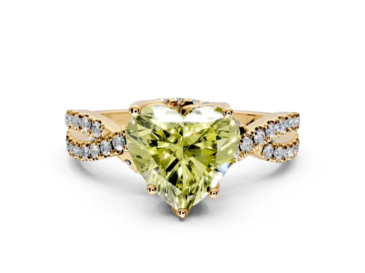 Solitaire Engagement Ring Setting for Fancy Yellow Heart-Shaped Center with Narrow Twist Pave Band and Prong Head in Yellow Gold