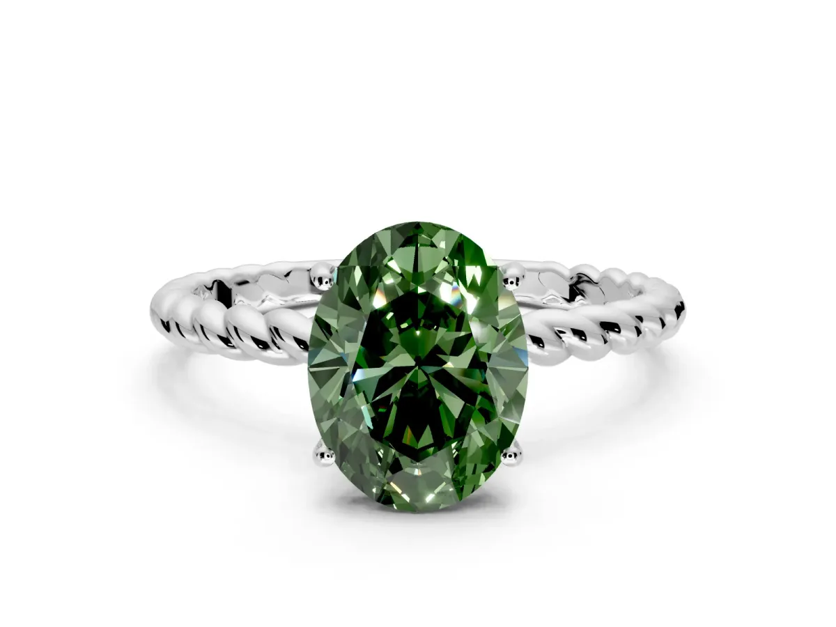 Solitaire Engagement Ring Setting for Fancy Green Oval Center with 2-Strand Rope Twist Band and Prong Head in White Gold