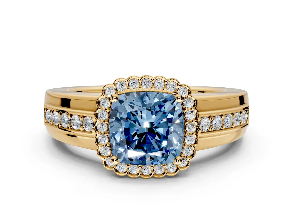 Halo Engagement Ring Setting for Fancy Blue Cushion Cut Center with Wide Band, Inlaid Accent Row and Prong Head in Yellow Gold