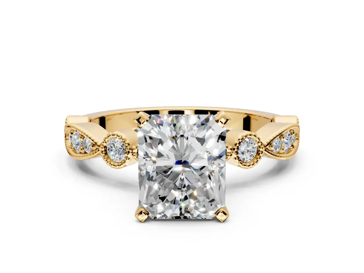 Solitaire Engagement Ring Setting for Radiant Cut Center with Milgrain Bezel Accents and Prong Head in Yellow Gold